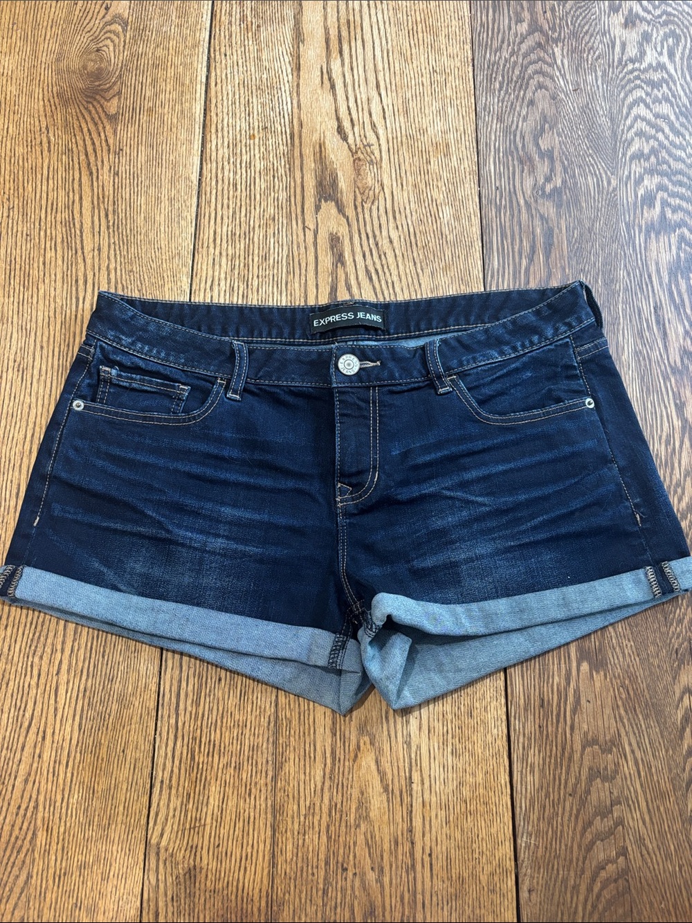 Express Dark Blue Rolled-Hem Denim Shorts